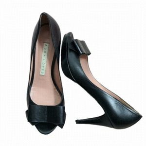 PURA LOPEZ Black Leather Open Toe Heels Women Bow Detailed Pumps Size EU37/US6.5